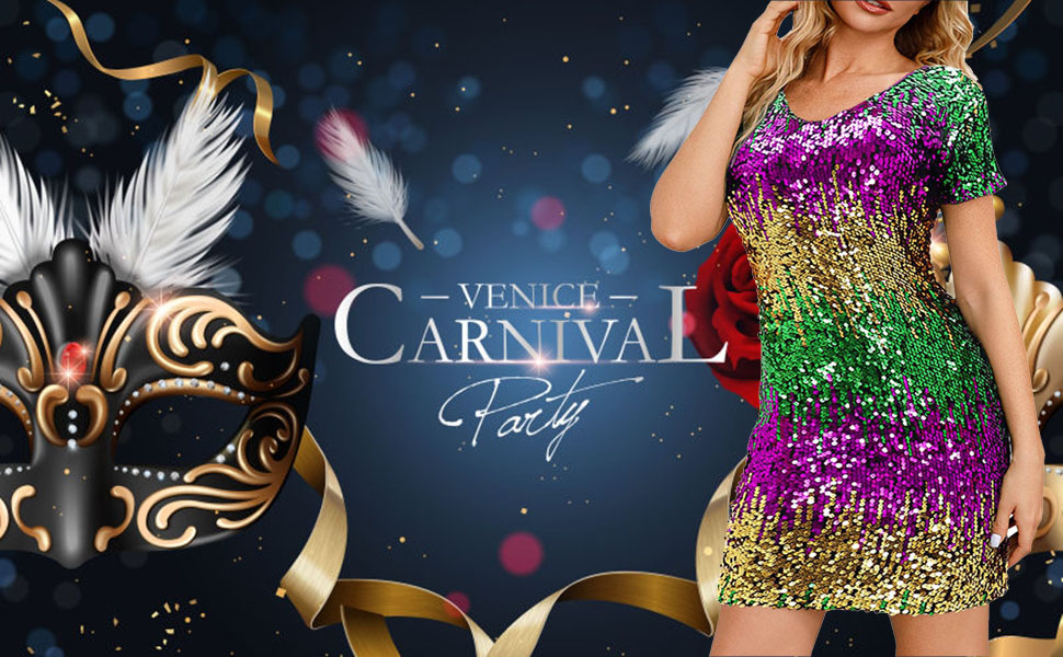 Amazon.com: Ruziyoog Mardi Gras Dress for Women V Neck Sequin Bodycon Mini  Club Dress Short Sleeve Casual Holiday Sparkly Party Dress : Clothing,  Shoes & Jewelry