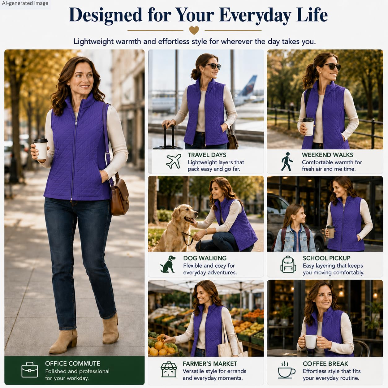 Bienzoe Gilet matelassé décontracté pour femme : veste légère et pliable sans manches, violet, 3X-Large