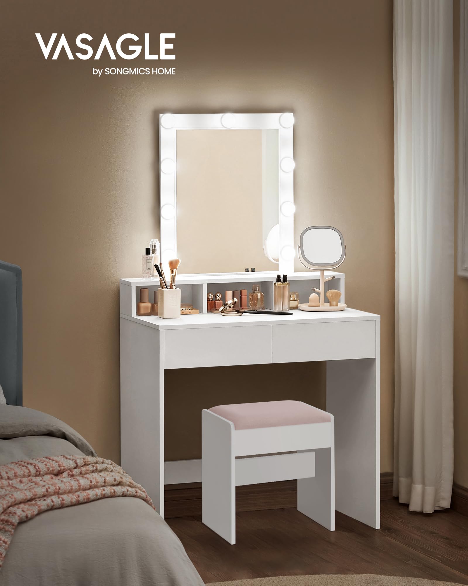 VASAGLE Tocador con Iluminación LED, Taburete de Maquillaje, 2 Cajones