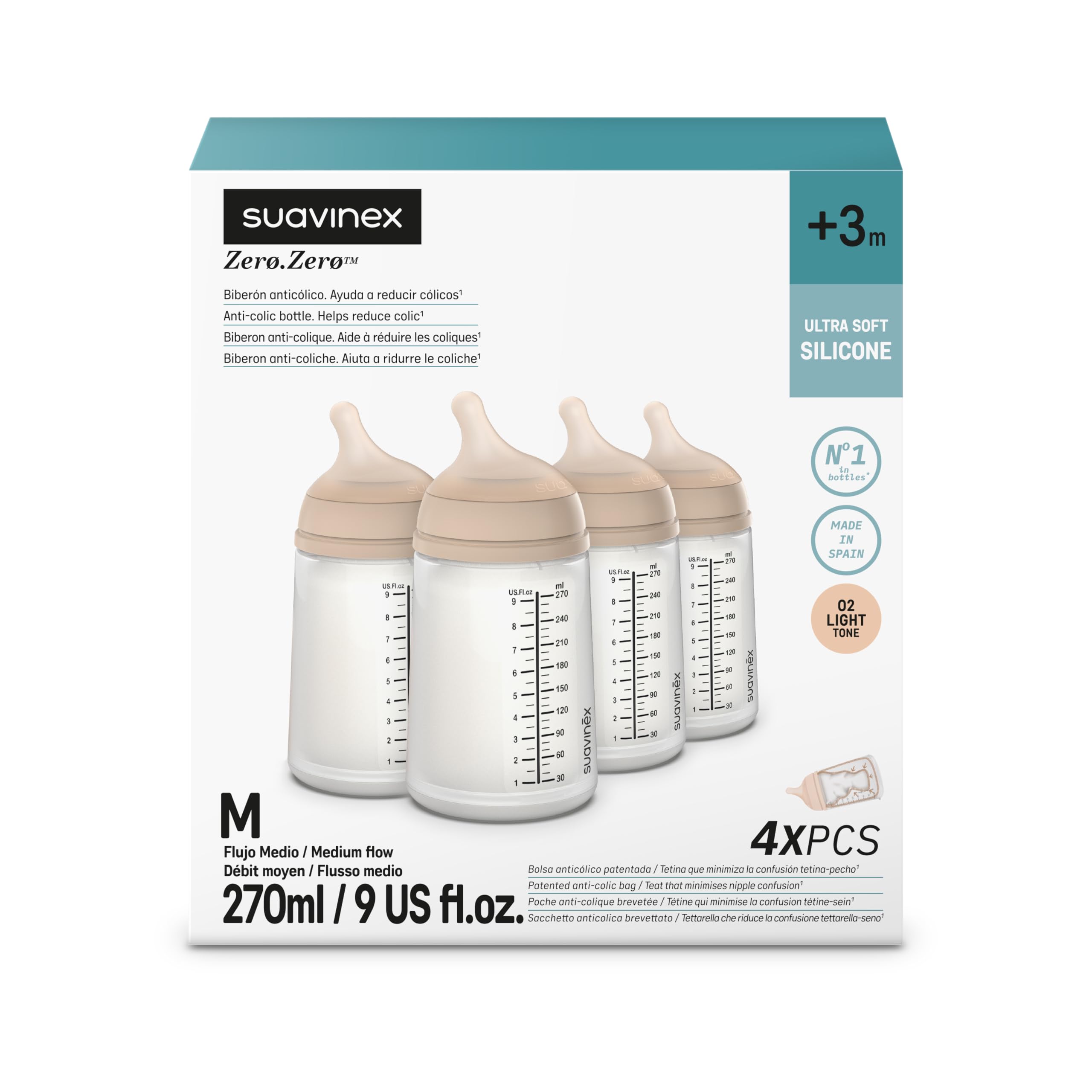 Suavinex, 4er Pack Anti-Colic Babyflasche Zero Zero,mit mittlerem Silikonsauger (M), für Babys ab 3 Monaten, Empfohlen für gestillte Babys und Flaschennahrung, 270 ml, Light