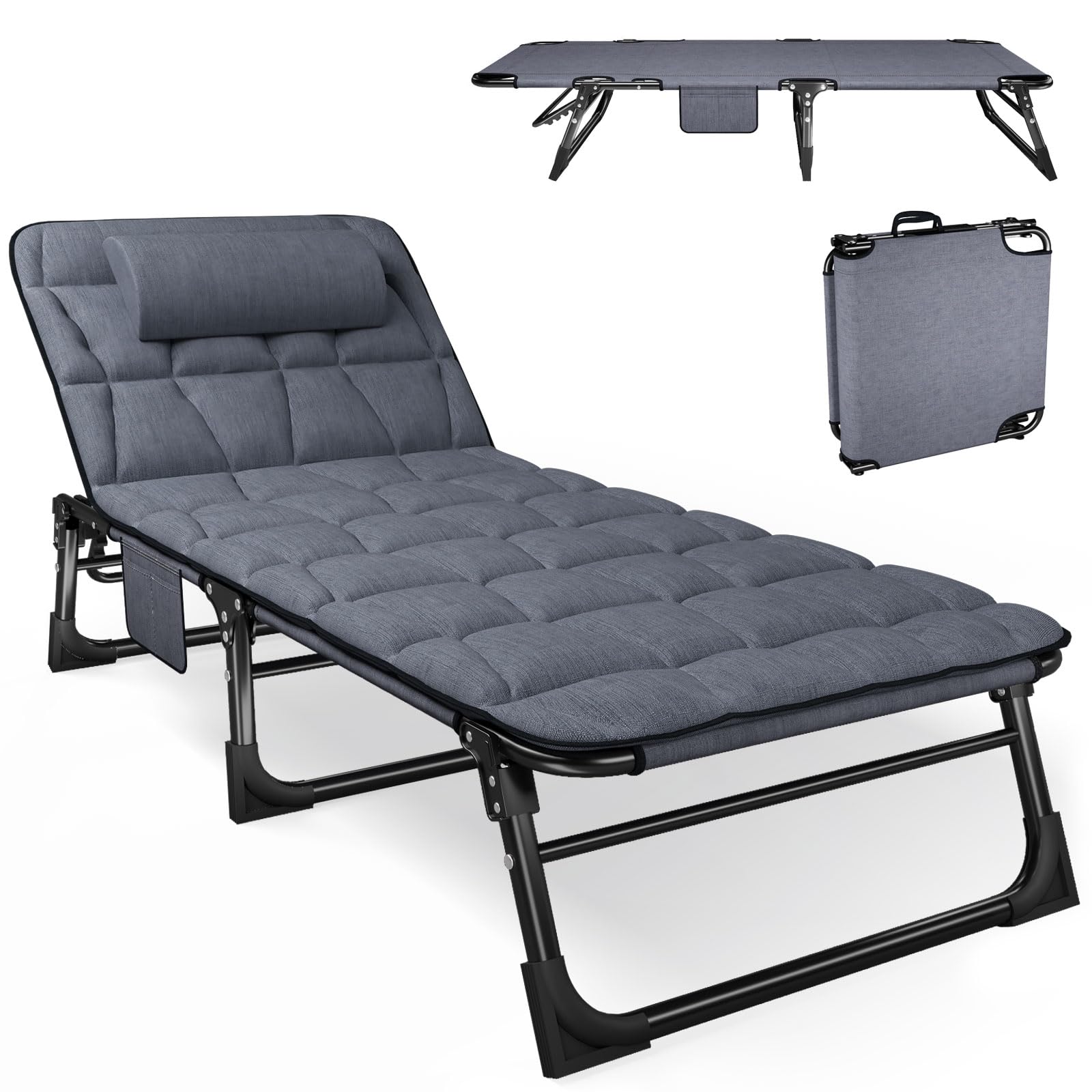 ATORPOK SHOP Sonnenliege mit verstellbarer Rückenlehne, 4-fach verstellbar, Mehrzweck-Campingbett, tragbar und Liegestuhl, für Garten/Pool/Terrasse, gepolsterte Matratze und Kissen – Blau