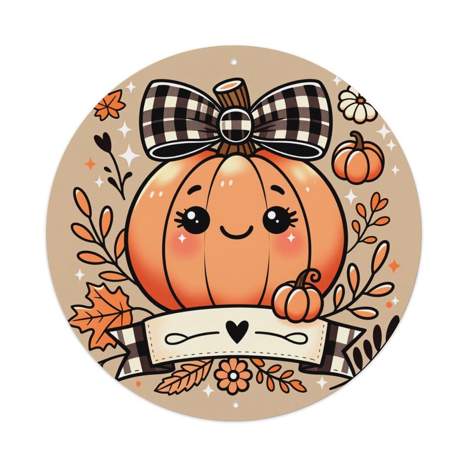 Cute Pumpkin With Bow And Leaves Round Tin Sign Vintage Style Metal Sign Home Bar Garden Wall Plaque Decor Metal Poster 8x8 Inch