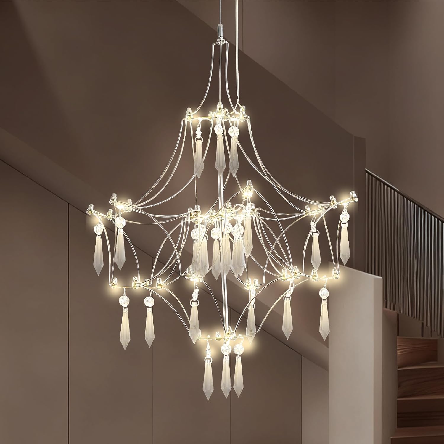 K9 Crystal Chandelier with Remote Control, 3000K-6500K Color Changing & Flicker-Free, Ra≥95 True Color for Kids, Stainless Steel Luxury Ceiling Light for Living Room Dining Room (D15.74)