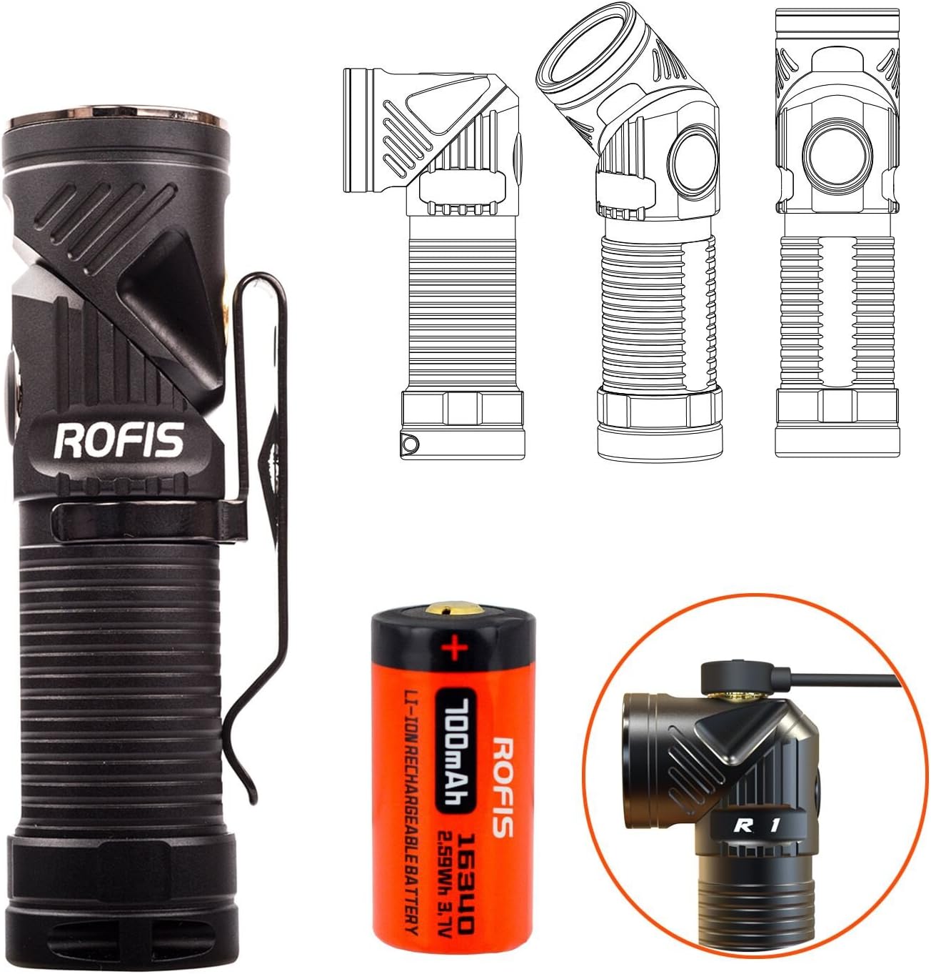 Rofis R1 CREE XM-L2 U2 LED 900 Lumens Multifunctional Magnetic USB Rechargeable Adjustable-head Flashlight Ultra Compact EDC LED Flashlight/Headlamp,with RCR123A Battery (Neutral White)