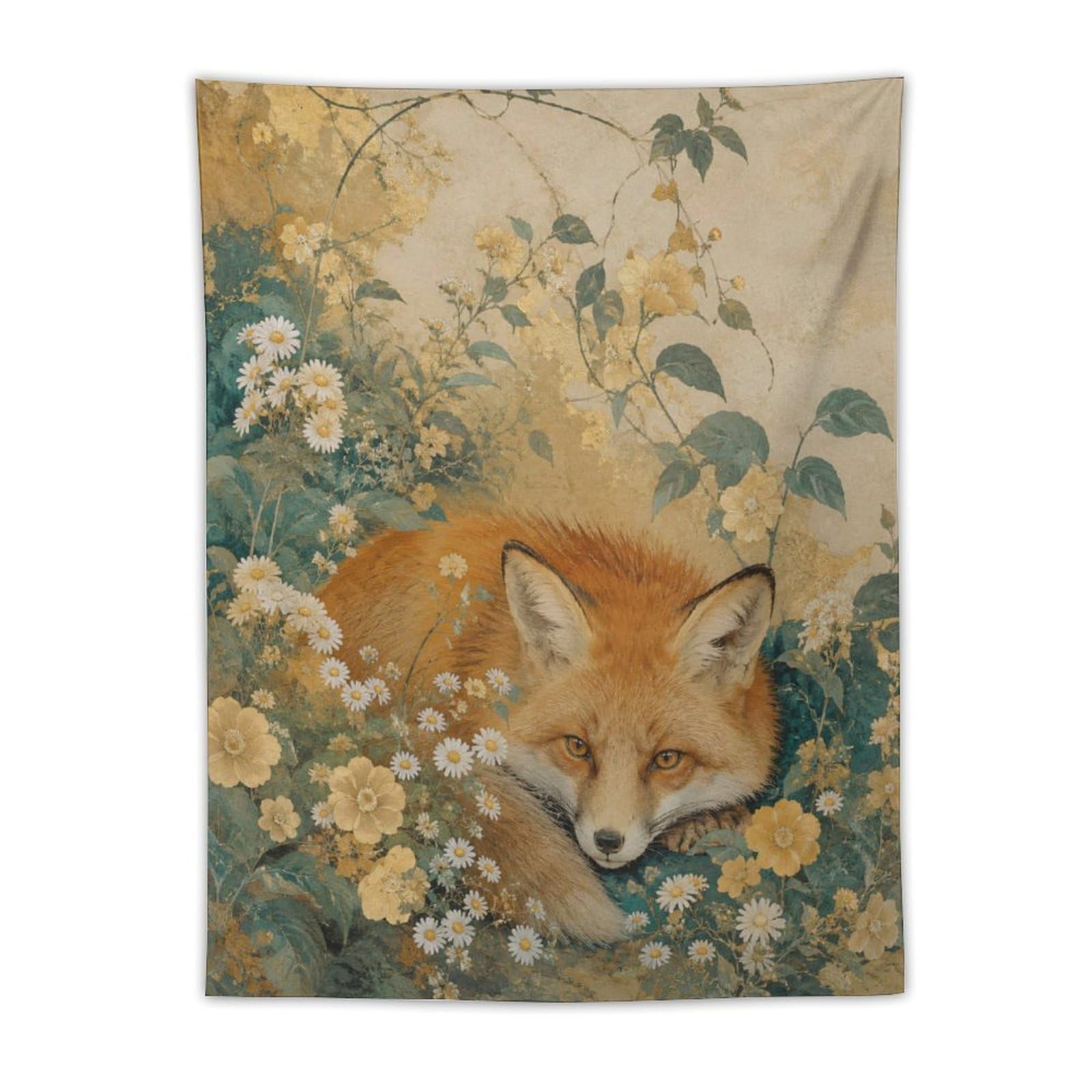 W7C8U2X3 Fox Floral Meadow Wall Tapestry, Impressionist, Backdrop