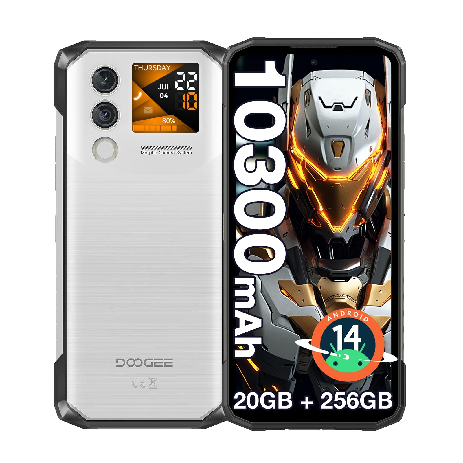 DOOGEE Blade10 MAX Rugged Smartphone, 1.54” Rear Display 6.56”HD,10300mAh Telefono Indistruttibile, 20(8+12) GB+256 GB, 50 MP+8 MP, NFC Triple Card Slot Android 14, Fingerprint Face Unlock, Argento