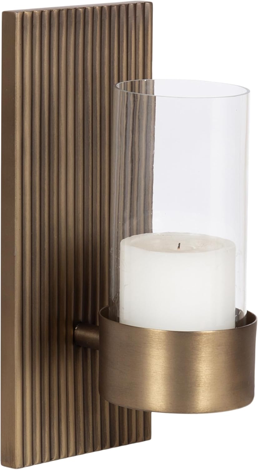 Kate and Laurel Rooks Modern Ribbed Metal Wall Sconce, 5 x 6 x 12, Antique Brass, Rectangular Wall Candle Holder with Removable Glass Cylinder for Flameless Candle Display in Bedroom or Bathroom