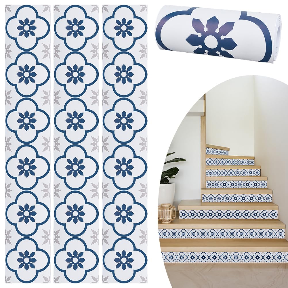 OLYCRAFT 13pcs Floral Pattern Self-Adhesive PVC Stair Stickers 100x18cm Dark Blue Peel and Stick Staircase Stickers Staircases Riser Sticker for Home Staircase Decoration