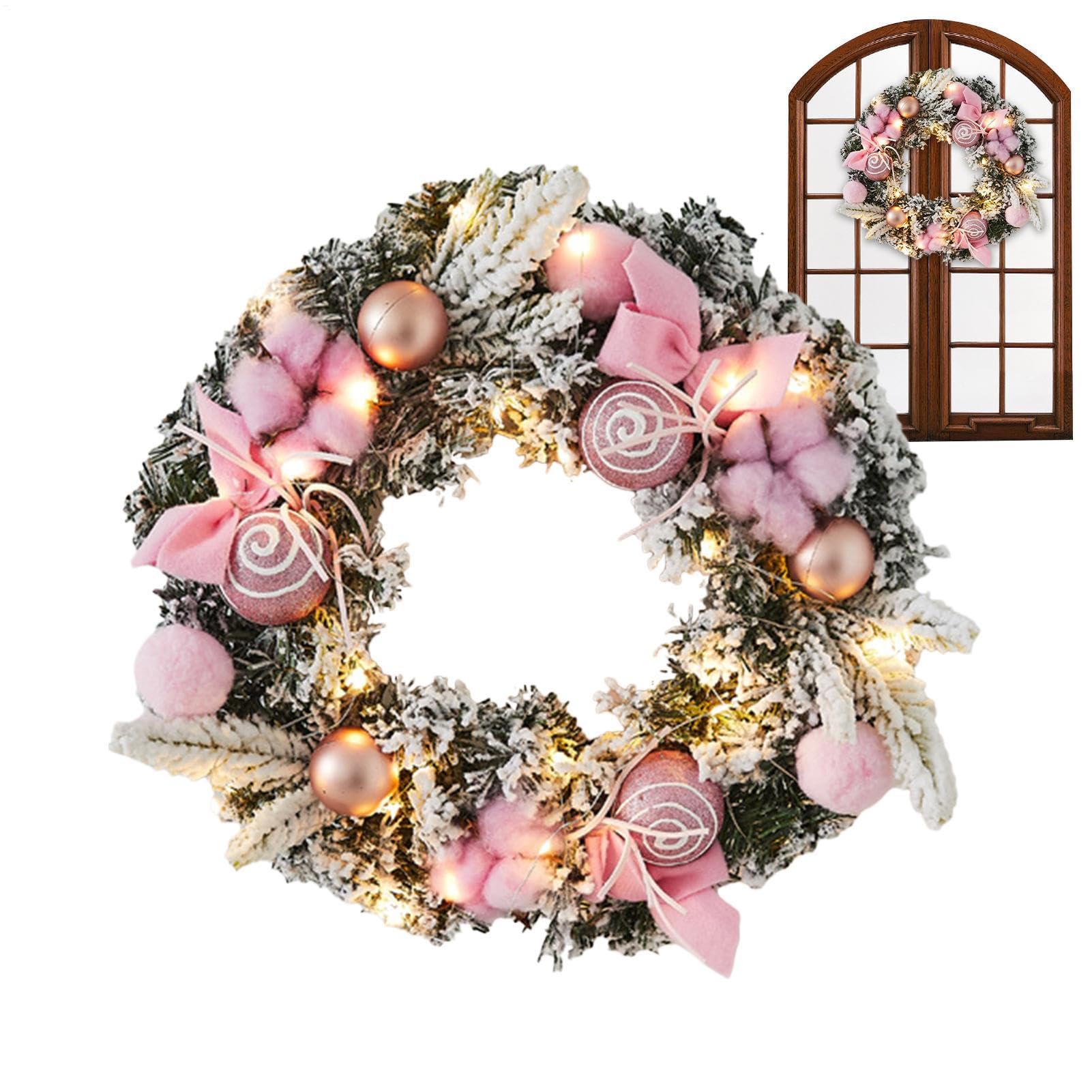 Couronne de Noël avec lumières LED pré-éclairée et boules de décoration intégrées