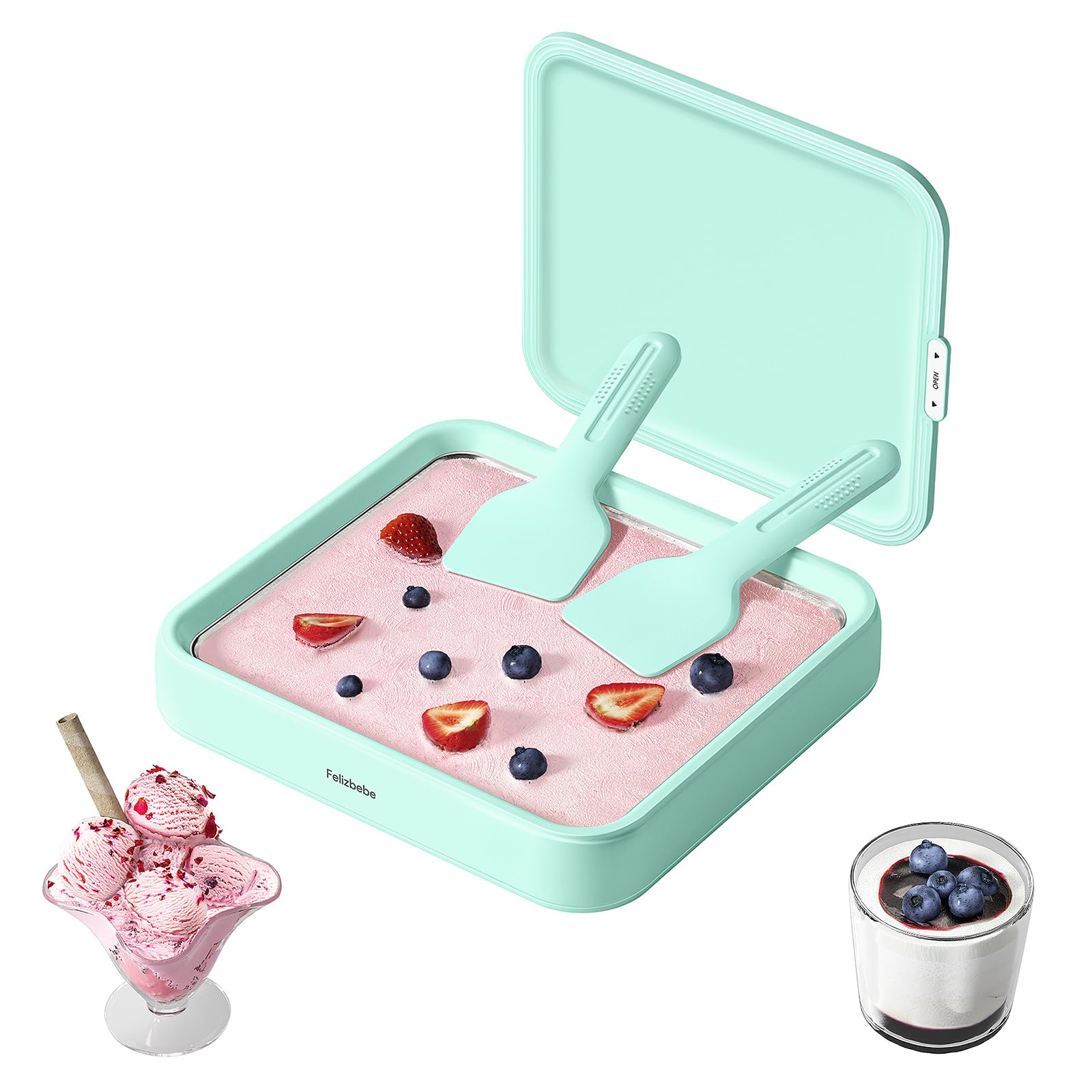 Máquina de helado enrollada, acero inoxidable SUS316 de grado alimenticio, bandeja instantánea para hacer helados con tapa y 2 espátulas, máquina de yogur congelado para actividades, Verde
