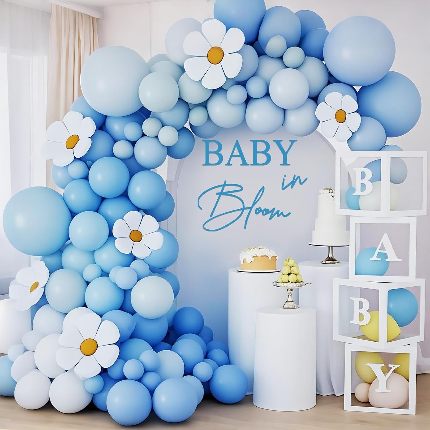 Baby in Bloom Decal Sign Baby Shower Arch Sticker Gender Reveal Party Backdrop Decal Sign Ideal for Arch Backdrop Wall or Any Smooth Surface Decorations (Blue)