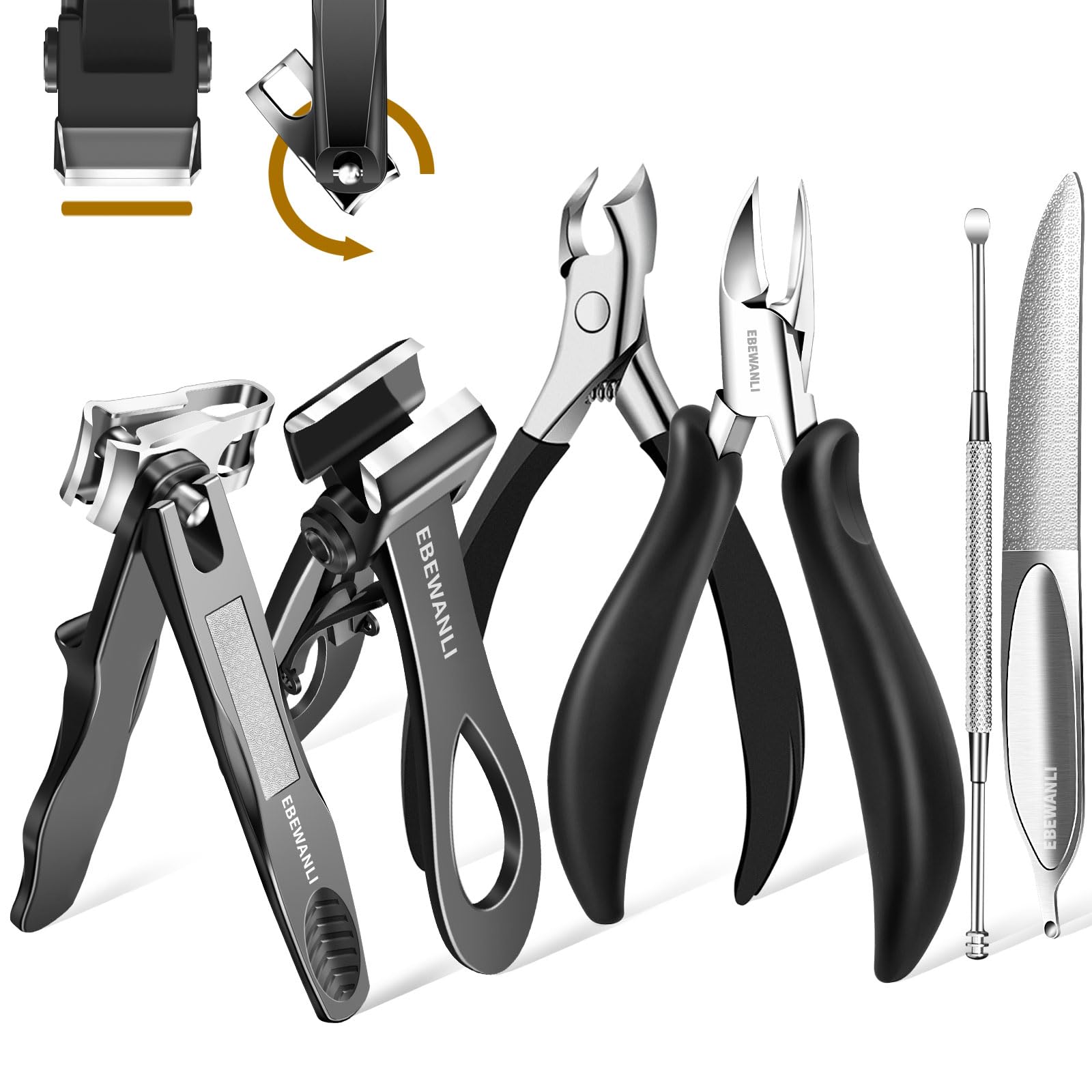 EBEWANLI Zehennagelknipser für dicke Zehennägel, Zehennagelknipser Set für Senioren, breite Backe, gerader Nagelknipser, robuster eingewachsener Zehennagelknipser oder Fingernagel, rotierender