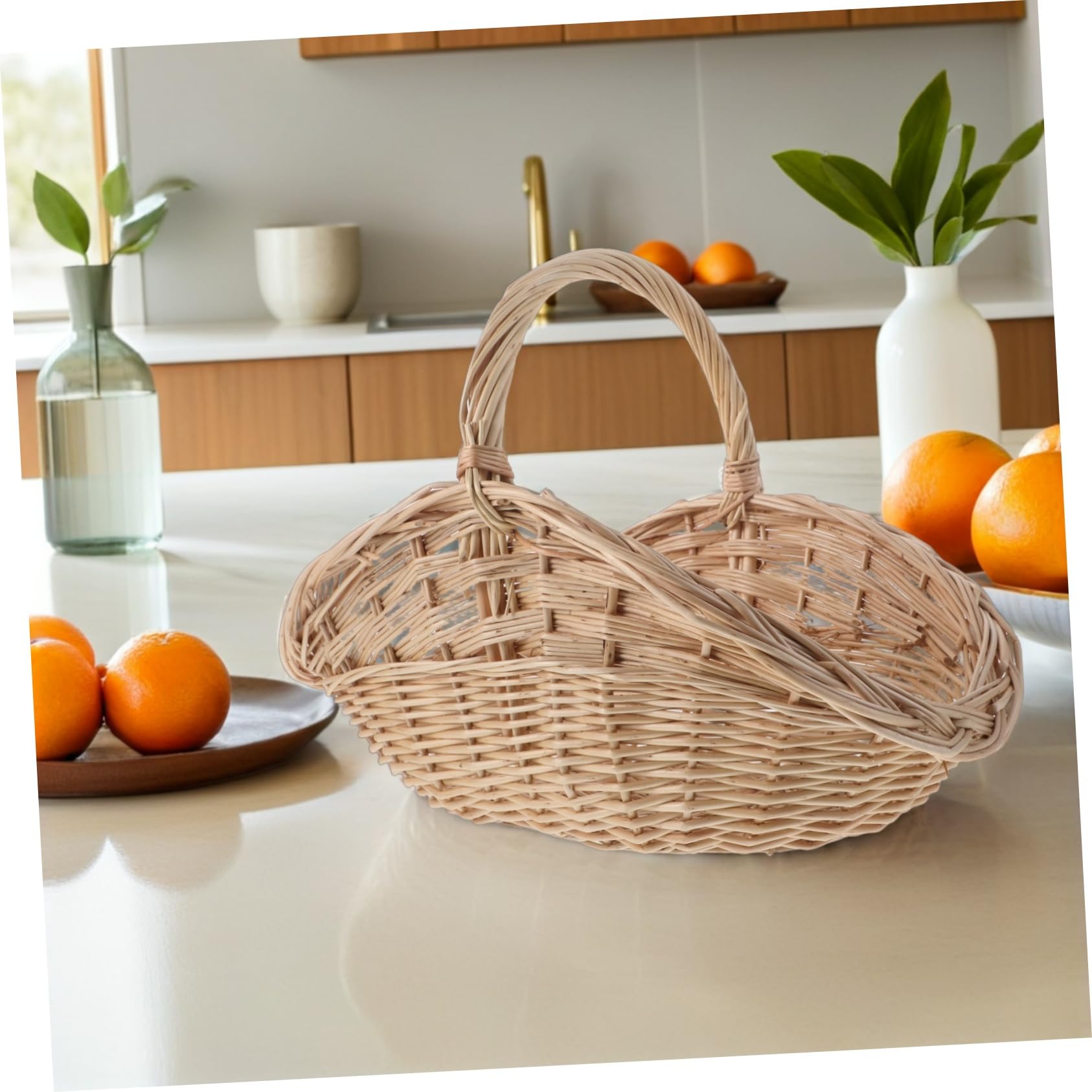 Gatuida Cesta de Mimbre Tejida Mano para Almacenamiento Multifuncional con Asa Portátil para Frutas Verduras Huevos y Picnics Exteriores
