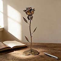 Hand-Forged Bronze Rose Sculpture - Eternal Copper Metal Flower on Mirror Base, Unique 8th Anniversary Gift for Wife Husband