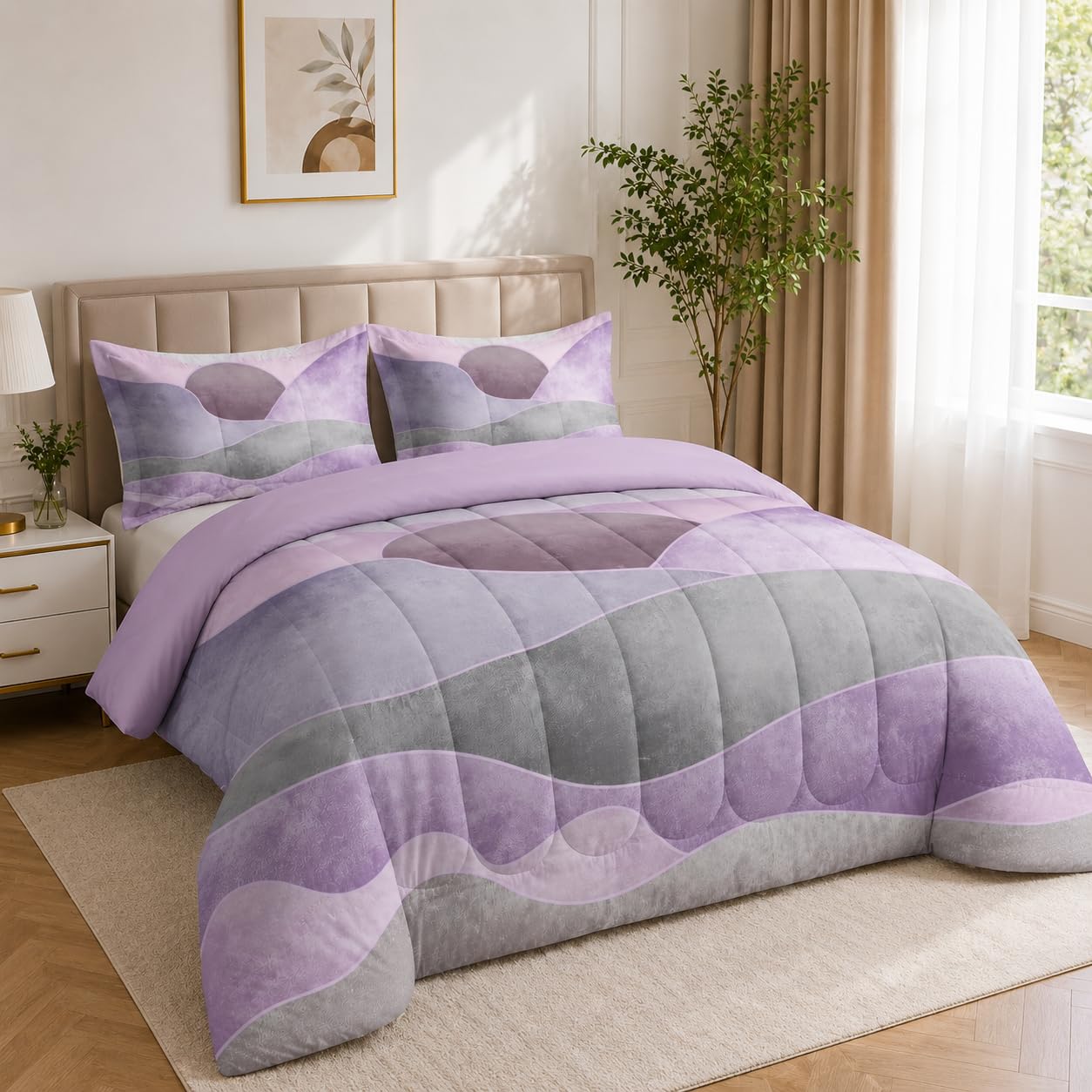 Couette 4 Saisons 240x260 cm Gris Violet, Imprimée Bohême pour Lit 2 Personnes, Réversible sans Housse, Lavable en Machine, Légère 200GSM avec 2 Taies d'Oreiller