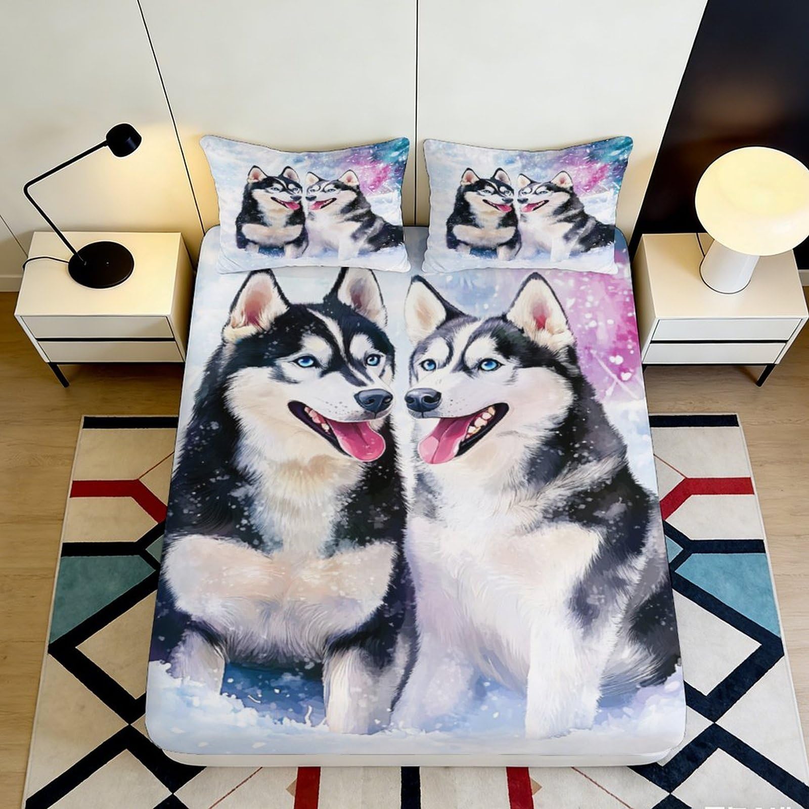 3D Printed Husky Dog Animal Fitted Sheet Microfiber Soft Breathable Snow Forest Mattress Cover Bedroom Decor 120x200x25cm