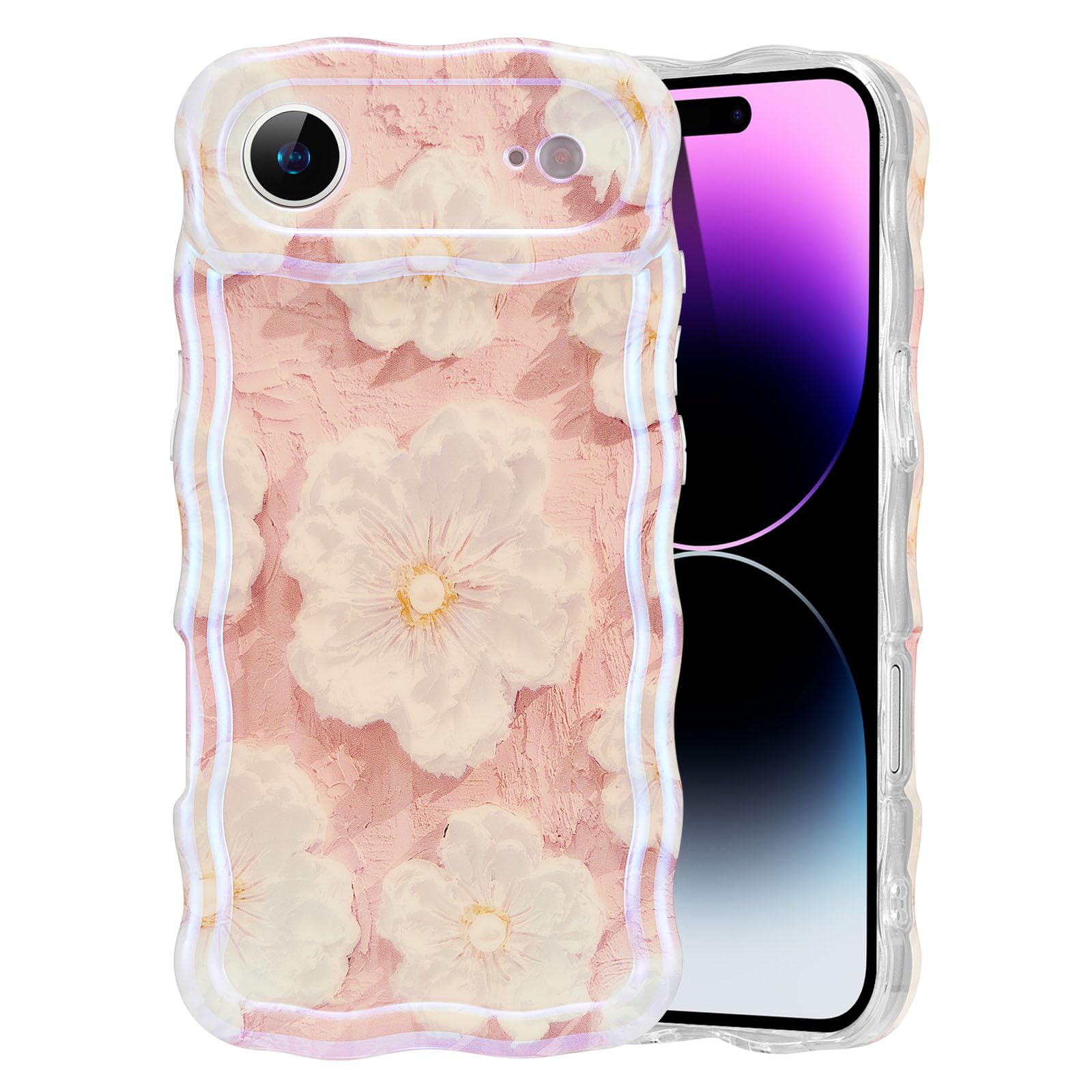EYZUTAK Case for iPhone 15, Colorful Retro Oil Painting Flower Laser Beam Glossy Pattern Cute Curly Waves Border Exquisite Phone Cover Stylish Durable Soft TPU Protective Case for Girls Women - Green — view 50