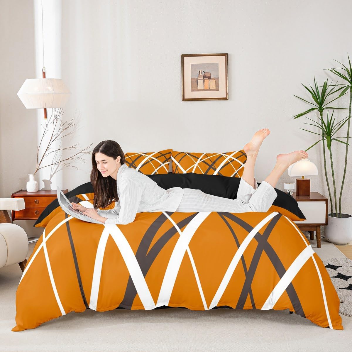 jejeloiu Kids Bedding Set Toddler Size, Dark Orange Duvet Cover Boys Girls Geometric Comforter Cover Stripes Teens Bedroom Decor with 1 Pillow Case (No Comforter)