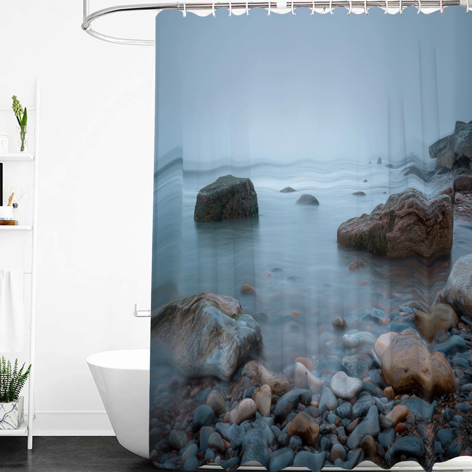 Cortina de Ducha con Diseño de Olas y Guijarros,con Ganchos de Plástico,Duradera y Lavable,Ideal para el Baño del Hogar y del Hotel,240Anx200Alcm (1 Panel).