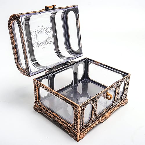 Miniatura 3 de Cofre del tesoro pirata grande vintage con cerradura, caja de almacenamiento transparente de colección de tesoros para Halloween, temática pirata,