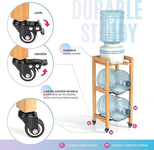 Miniatura 3 de Soporte para jarra de agua de 3 niveles y 5 galones con estante superior, 4 ruedas de metal o pies ajustables, soporte de piso dispensador de agua