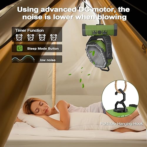 Miniatura 6 de Ventilador de camping portátil de 20000 mAh con luz LED, ventilador oscilante alimentado por batería recargable con control remoto y gancho,