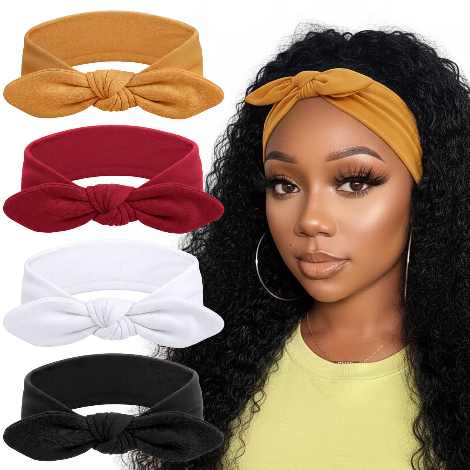 DRESHOW 4 Pack Headbands for Women Bow Knotted Hair Band Facial Cloth Rabbit Ears Running Sport Elastic Hair Wrap
