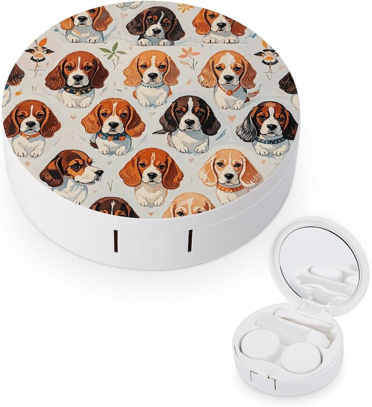 Beagle Patterns Contact Lens Case with Solution Bottle, Portable Contact Lens Box with Mirror, Lenses Applicator Remover Tool Kit for Women Men, Contact Lens Holder Container