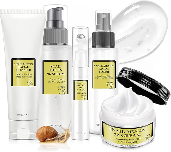 Snail Mucin Skin Care Routine Set For Women, 5 PCS Advanced Snail Mucin Facial Kit For Girls, Skin Care Gift Set With Face Cleanser, Toner, Serum, Face Cream, Eye Cream, Repairing, Anti Aging.