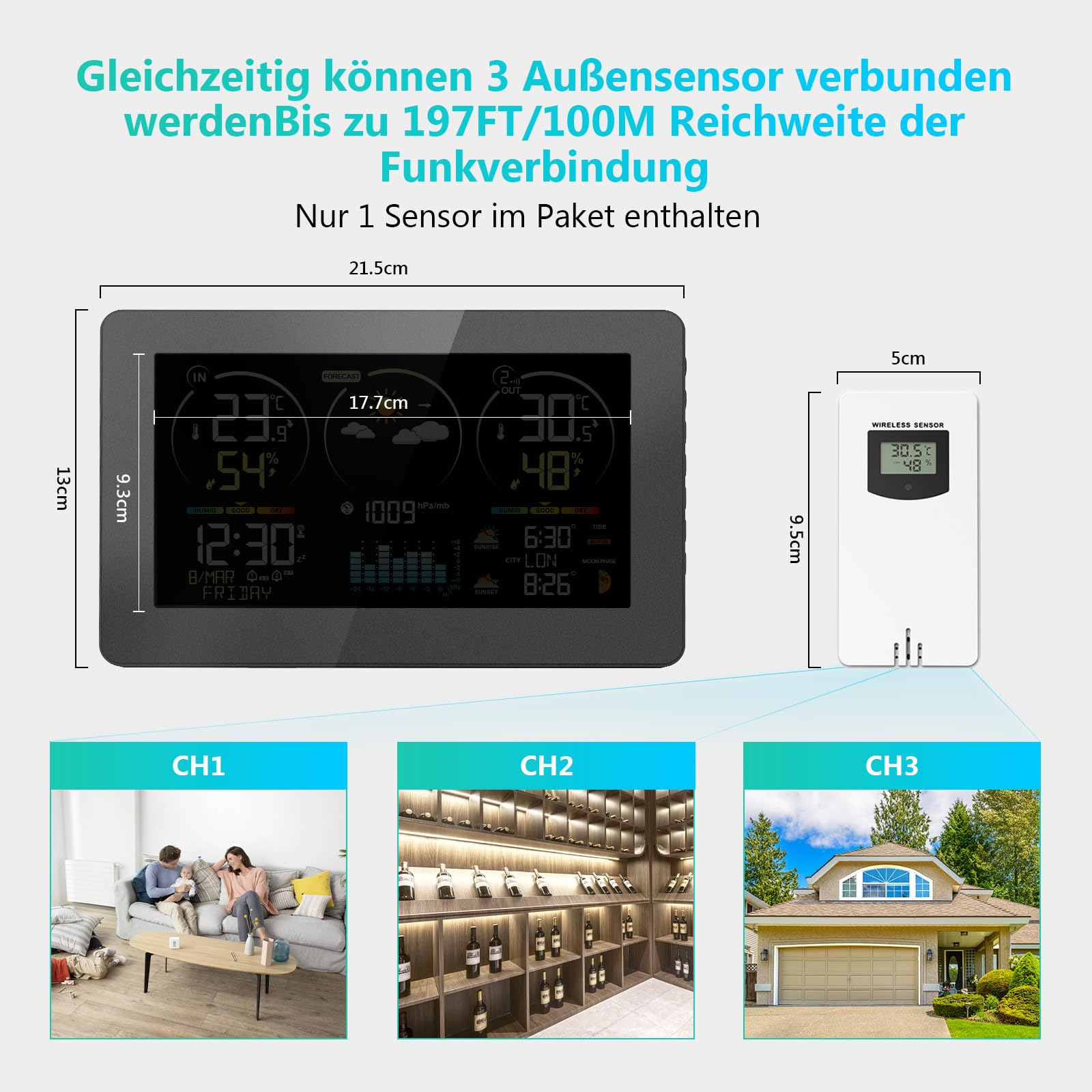 Wetterstation Funk mit Außensensor, 7,8 Zoll Großes Farbdisplay mit Beleuchtung & DCF Funkuhr, Wettervorhersage, Innen- & Außentemperatur, Luftfeuchtigkeit, Luftdruck, Mondphase (Schwarz1)