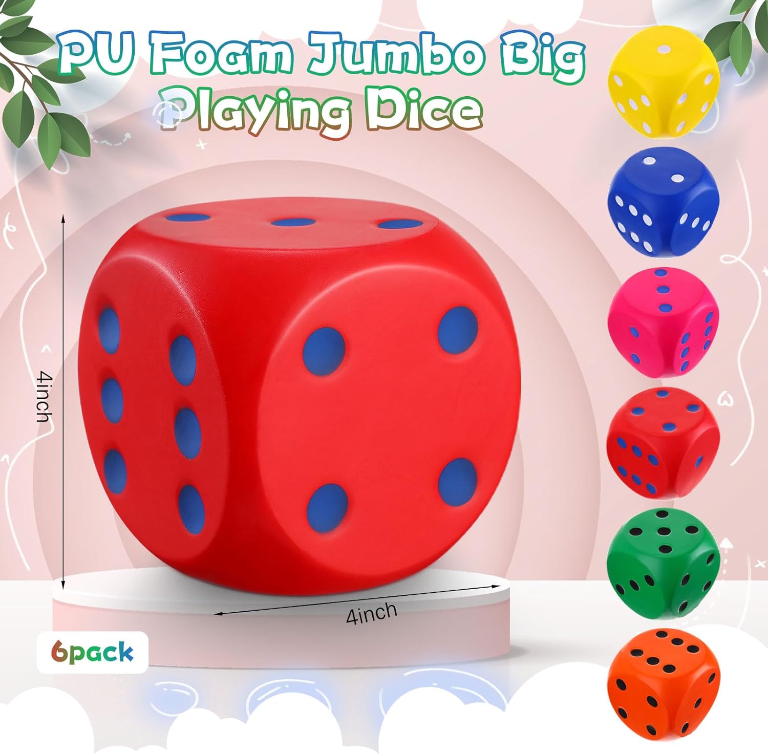 Simgoing 6 Pcs 4 Inch Large Foam Dice Giant Cube with 6 Sided Number Dots Jumbo Soft Slow Big PU Foam Stress Ball for Party Game Math Learning Props Stress Relief Gifts(6 Colors)