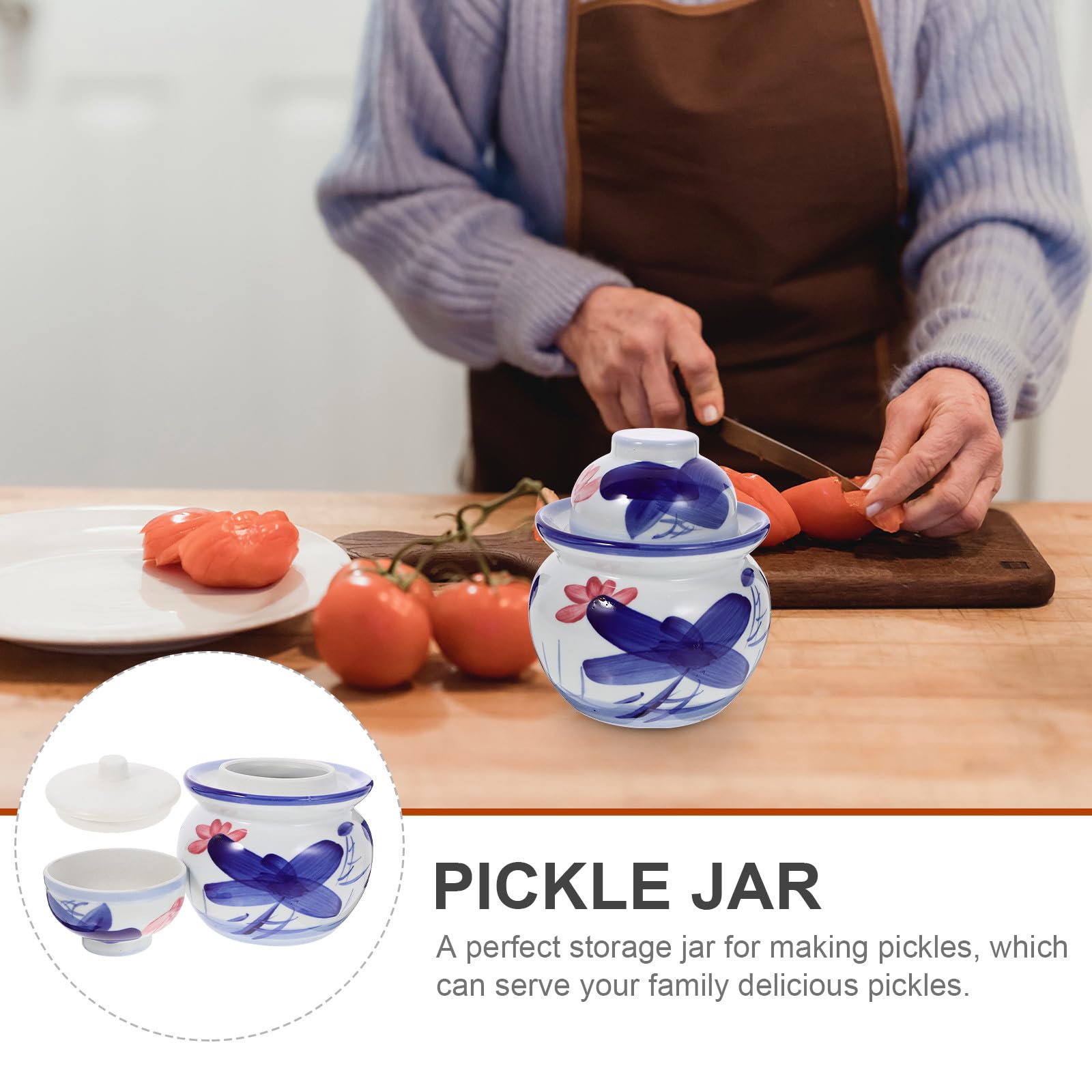Veemoon Tarro de Cerámica para Pepinillos de 2.5 Jin con Doble Tapa Hermética, Recipiente para Encurtidos y Kimchi, Almacenamiento de Alimentos para Cocina y Conservación sin Aire,