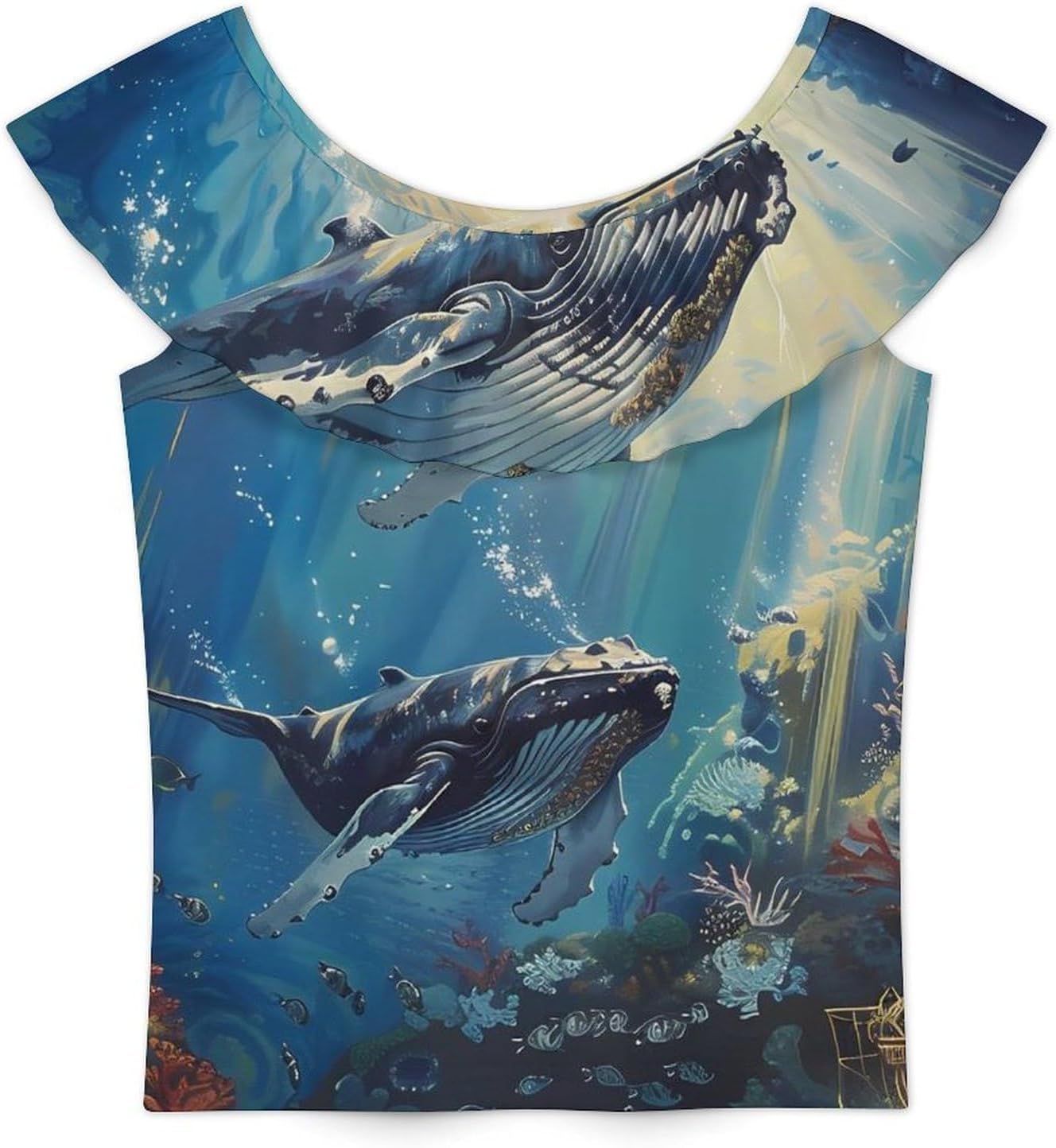 Humpback Whale in The Ocean Girls T-Shirts Top Ruffle Short Sleeve Blouse Casual Graphic Tees
