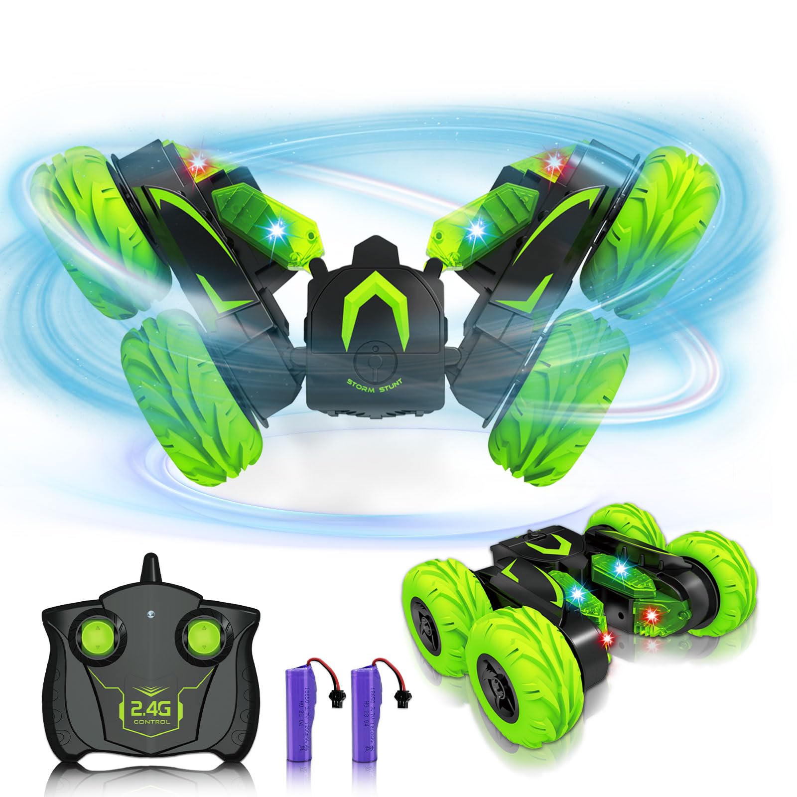 Eulogia Remote Control Cars for Kids 5-12, RC Stunt Car with LED Headlights, 360° Rotation, Double-Sided Driving, Off-Road Flips RC Toy Cars for Boys Girls Birthday Easter Gifts