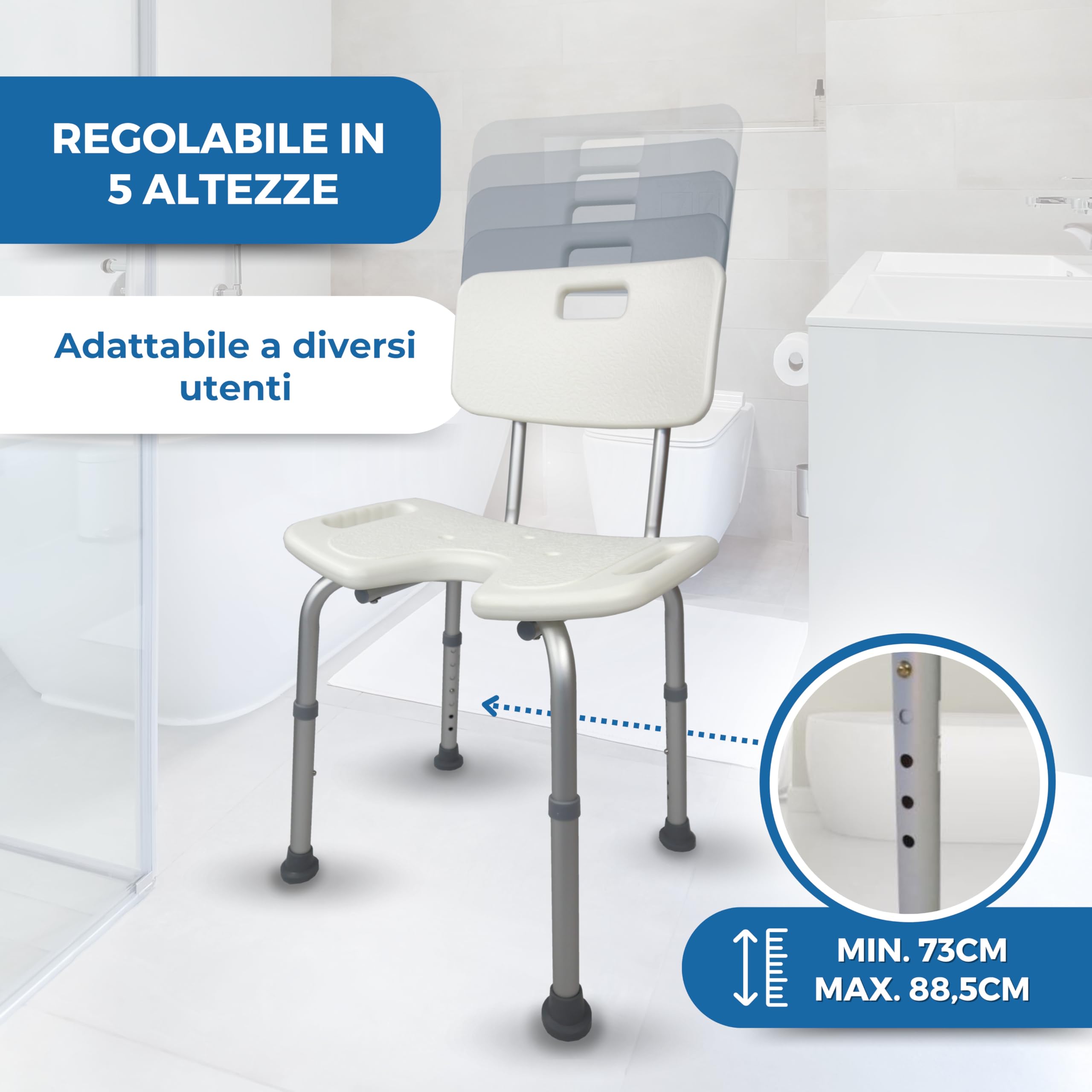 Mobiclinic, Sedia per doccia, Marisma, Marchio europeo, Con schienale, Marcatura CE, Ausili per disabili e/o anziani, Pieghevole e regolabile, Piedini antiscivolo, Alluminio