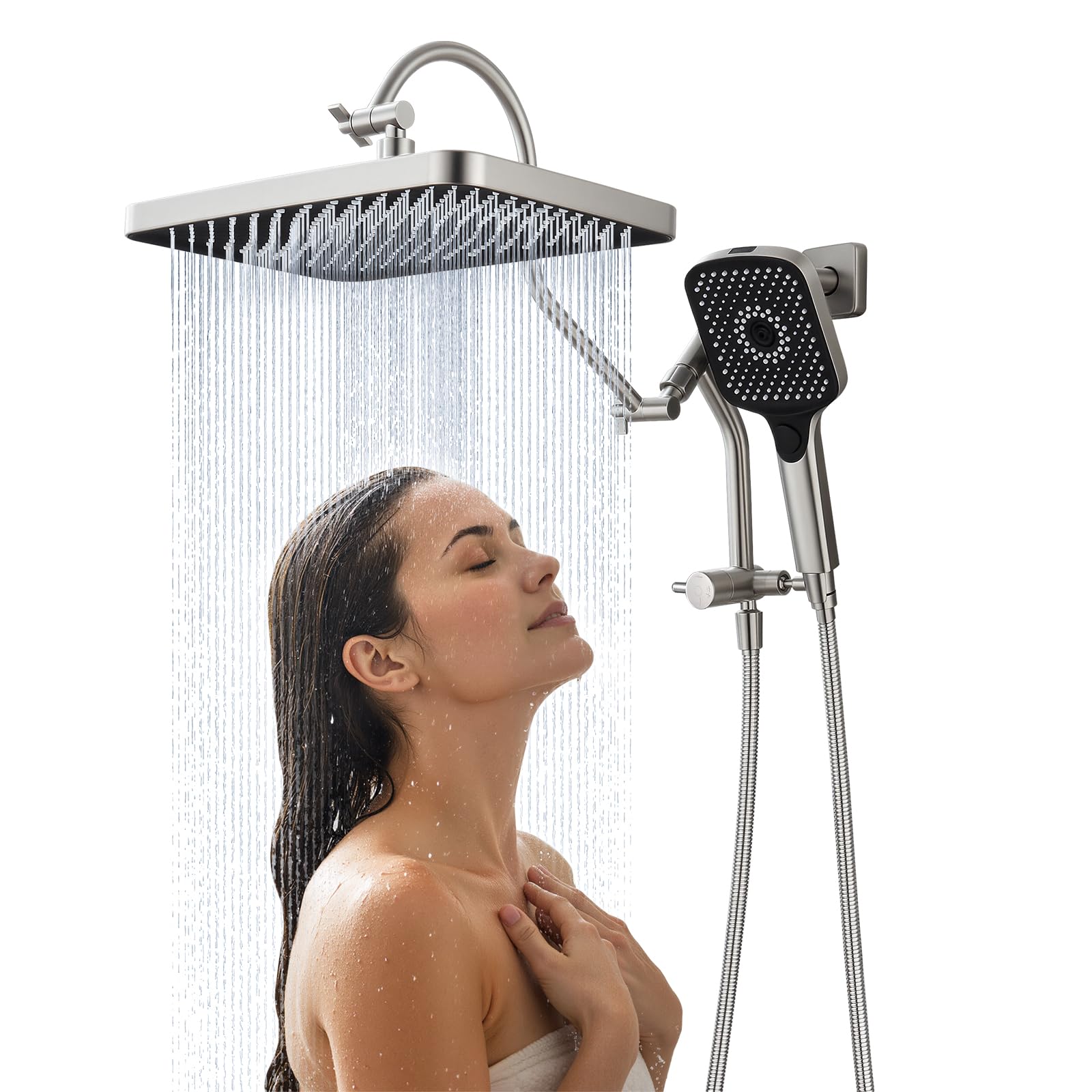 Cabezales de ducha de 13 pulgadas con pulverizador de mano multifunción, desviador extendido de metal de 3 vías con soporte y brazo de extensión de ducha curvado ajustable de metal,