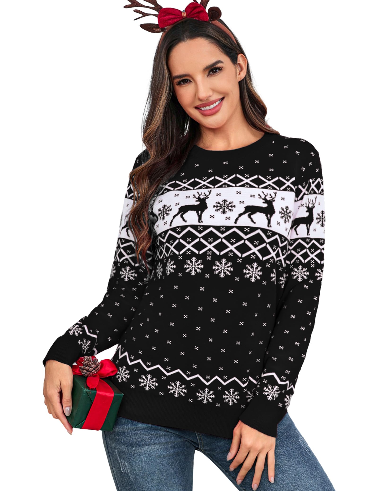 Aottori Jersey Navidad Mujer Manga Larga Cuello Redondo Reno y Nieve Cálido | Estilo Elegante, para Invierno, Diseño Pullover, Sensación Cálida, Ideal para Capas, Diseño Versátil
