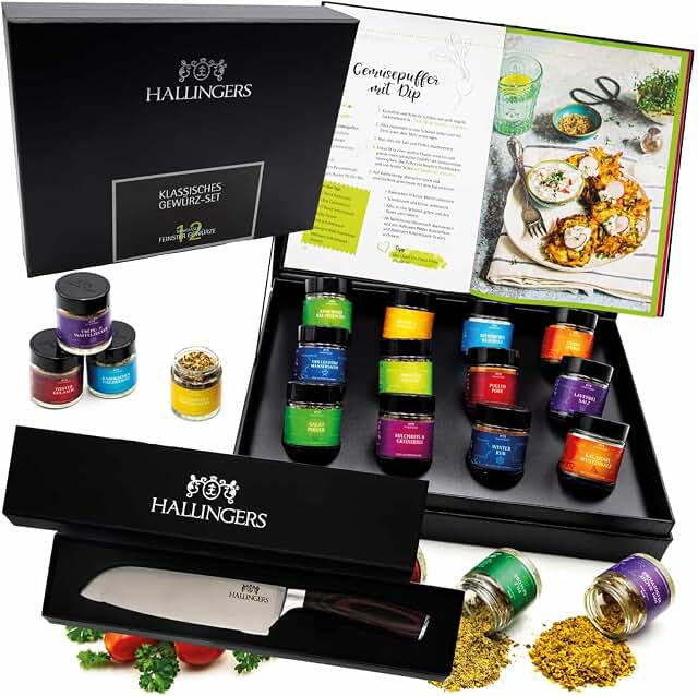 Hallingers Genuss Manufaktur Gewürz Geschenk-Set - 12 Gewürze aus aller Welt in wertiger Geschenkbox mit Rezept-Booklet "Klassisches Gew...", Geschenkidee für Frauen Männer