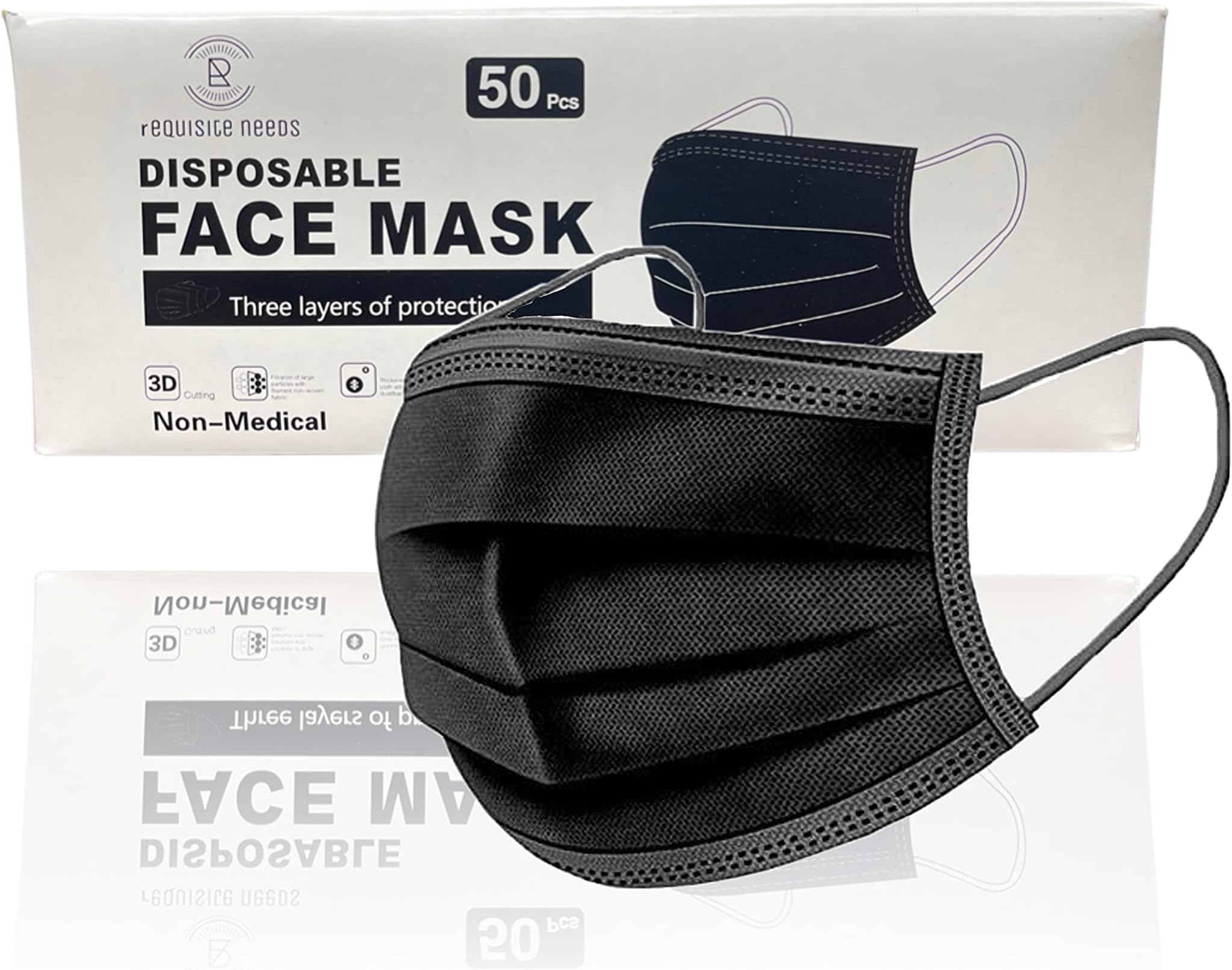 REQUISITE NEEDS FACE MASK - 3PLY - DISPOSABLE Nose & Mouth Cover with 3-Layer Material, Elastic Ear Loops & Comfortable Universal Design for Adults & Kids (Pack Of 50, Black)