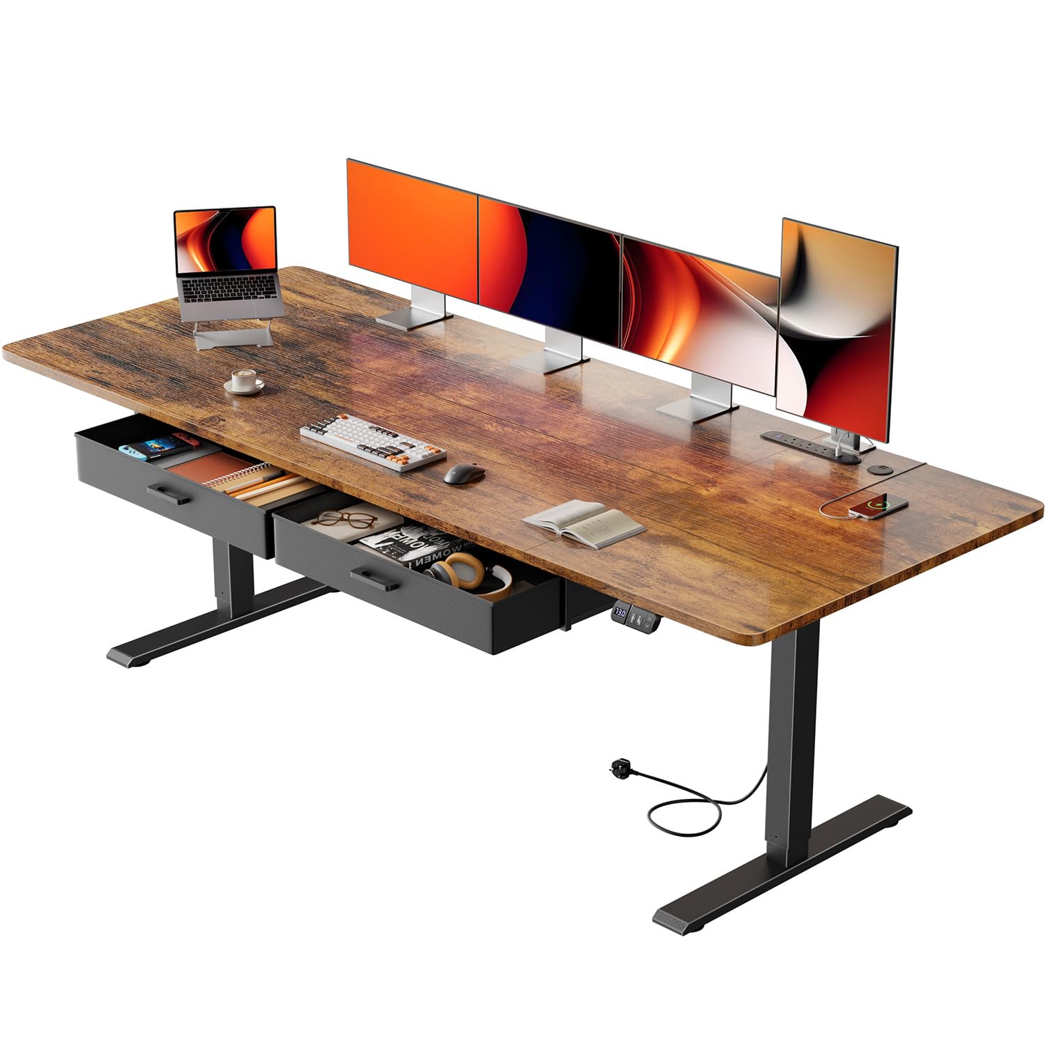 Precision Synergie Electric Standing Desk with 2 Drawers, 200 x 80 cm Height Adjustable Standing Desk with Power Outlets and USB Ports, Sit Stand Table with Memory Smart Pannel for Home Office, Brown