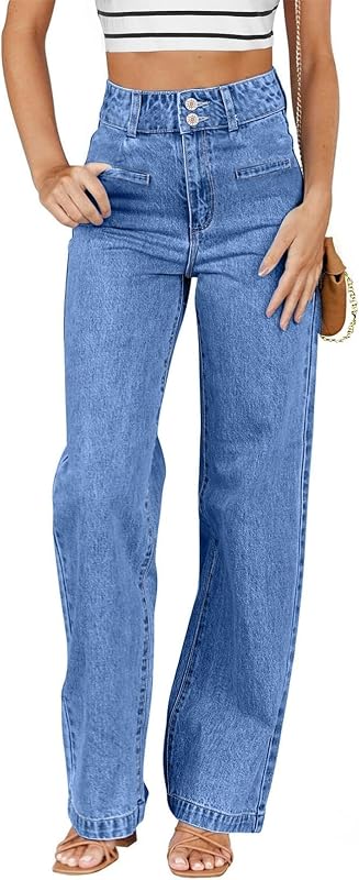 jeans de tacto lateral para mujer Pantalones jeans de talle alto y pernera recta | Vaquero elástico suave, cierre de doble botón, largo completo, jeans de corte holgado y pernera ancha con bolsillos, ropa informal elegante