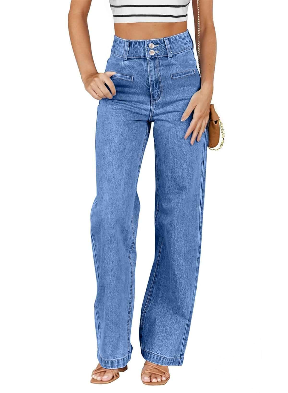 Sidefeel Jeans for Women High Waisted Straight Leg Denim Pants Soft Stretchy Denim, Dual Button Closure, Full Length, Relaxed Fit Wide Leg Jeans with Pockets, Dressy Casual Wear