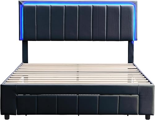 Miniatura 124 de Cama de plataforma flotante tamaño Queen con sensor de luz y cabecero, marco de cama moderno tapizado de terciopelo suave, no necesita somier