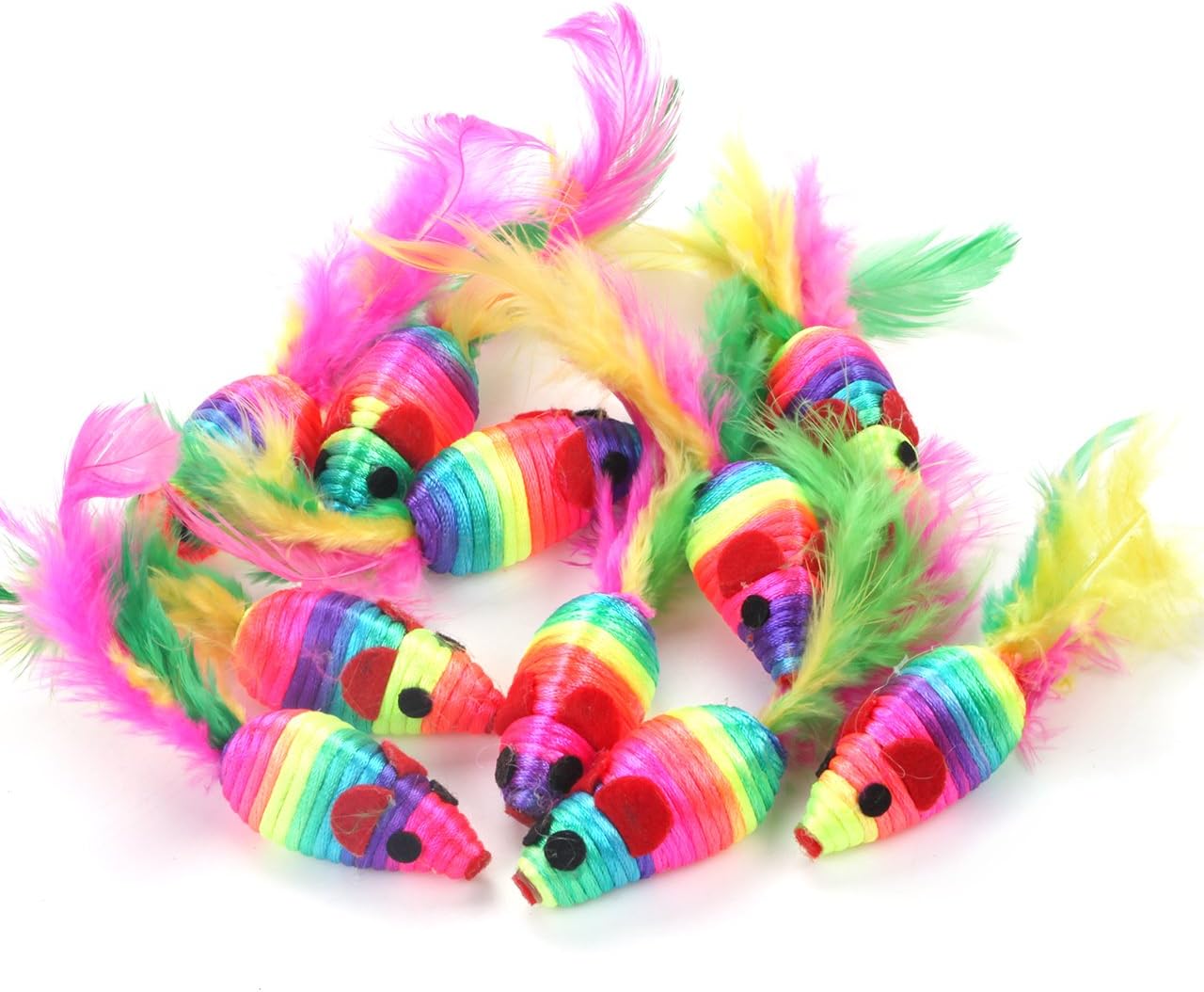 Chiwava 24PCS 5" Rattle Cat Toys Mice with Feather Rainbow Rope Mouse Kitten Interactive Toy Assorted Color : Pet Supplies