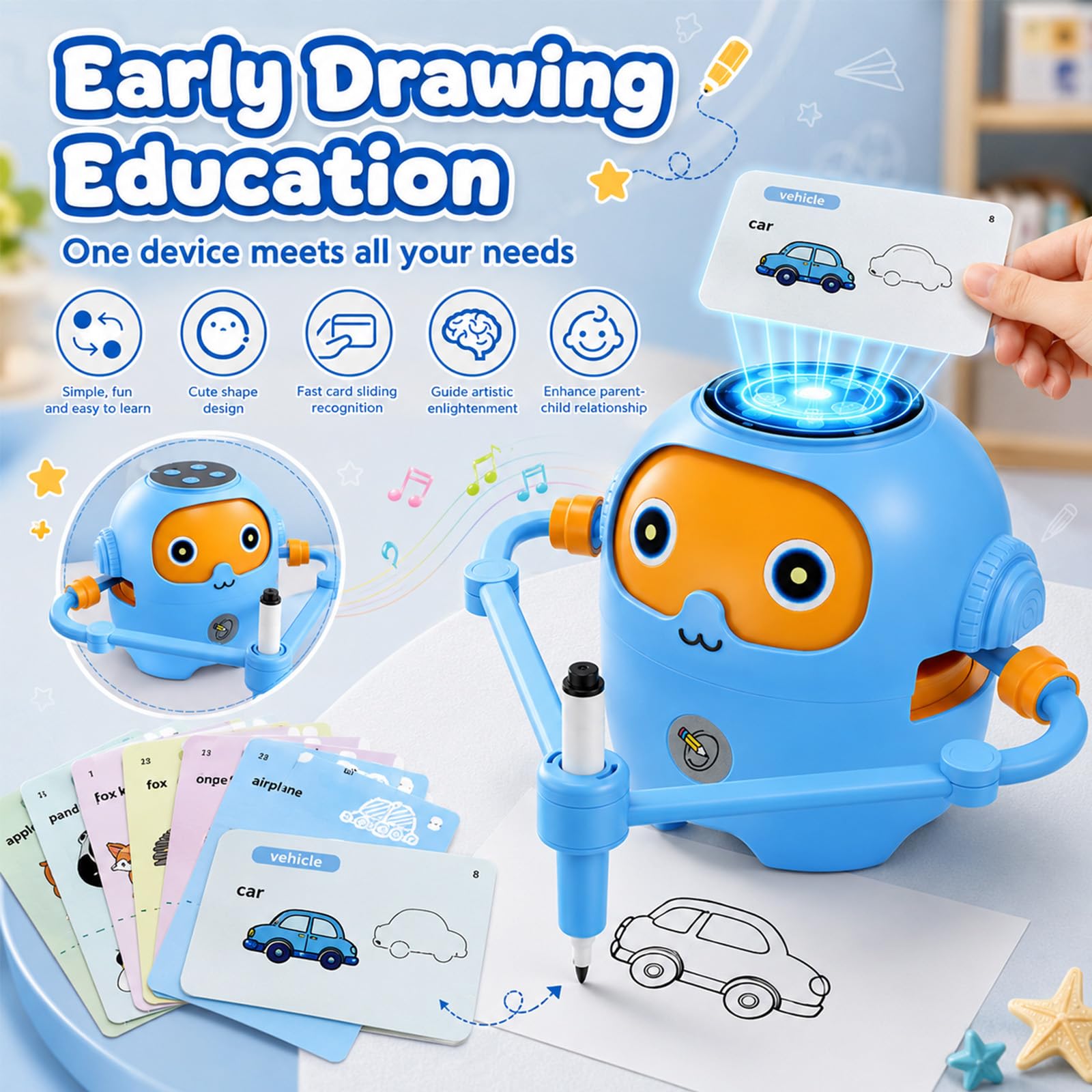 Robot de Dibujo para Niños con Guía de Voz, 25 NFC Tarjetas, 12 Rotuladores