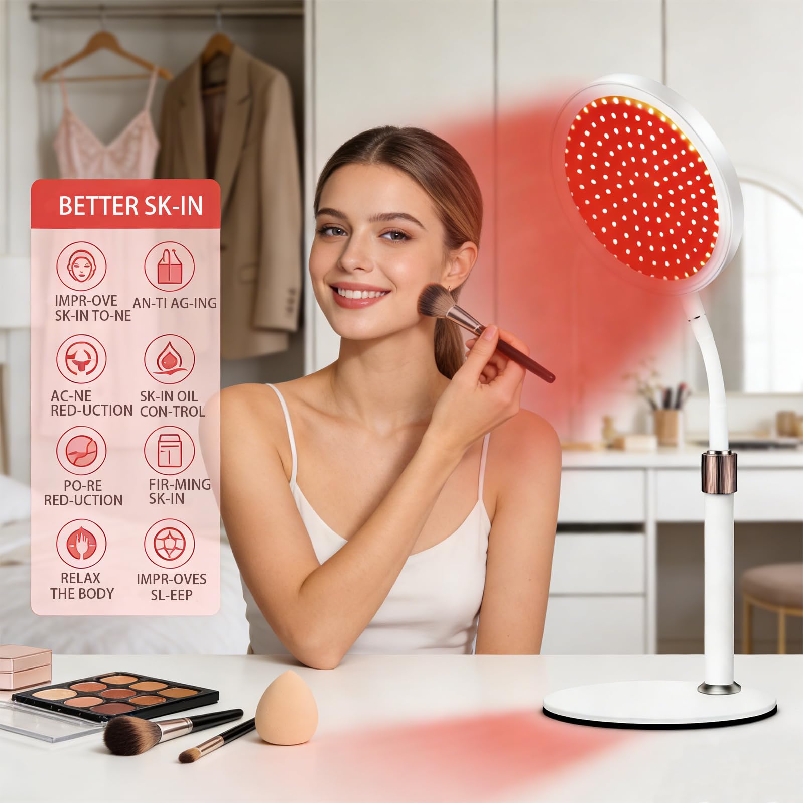 Lámpara de Terapia de Luz Roja e Infrarroja 660nm 850nm, Lámpara LED con Base, Luz Roja para Cara y Cuerpo, Diseño Cuello de Cisne, 100 LEDs, 9 Niveles, Brazo Ajustable, Temporizador