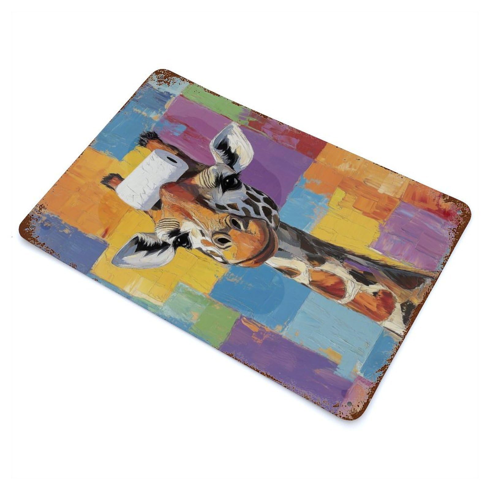Giraffe with Toilet Paper 11.8"x7.9" Rustic Tin Plaque, Farmhouse Wall Decor for Basement, Hobby Room And Garage Decor