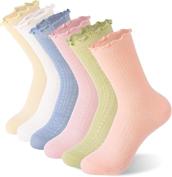 6 Pairs Girls Ruffle Socks Frilly Dress Crew Socks Cotton Stretch Ankle Sock for Ages 8-10 Years Old