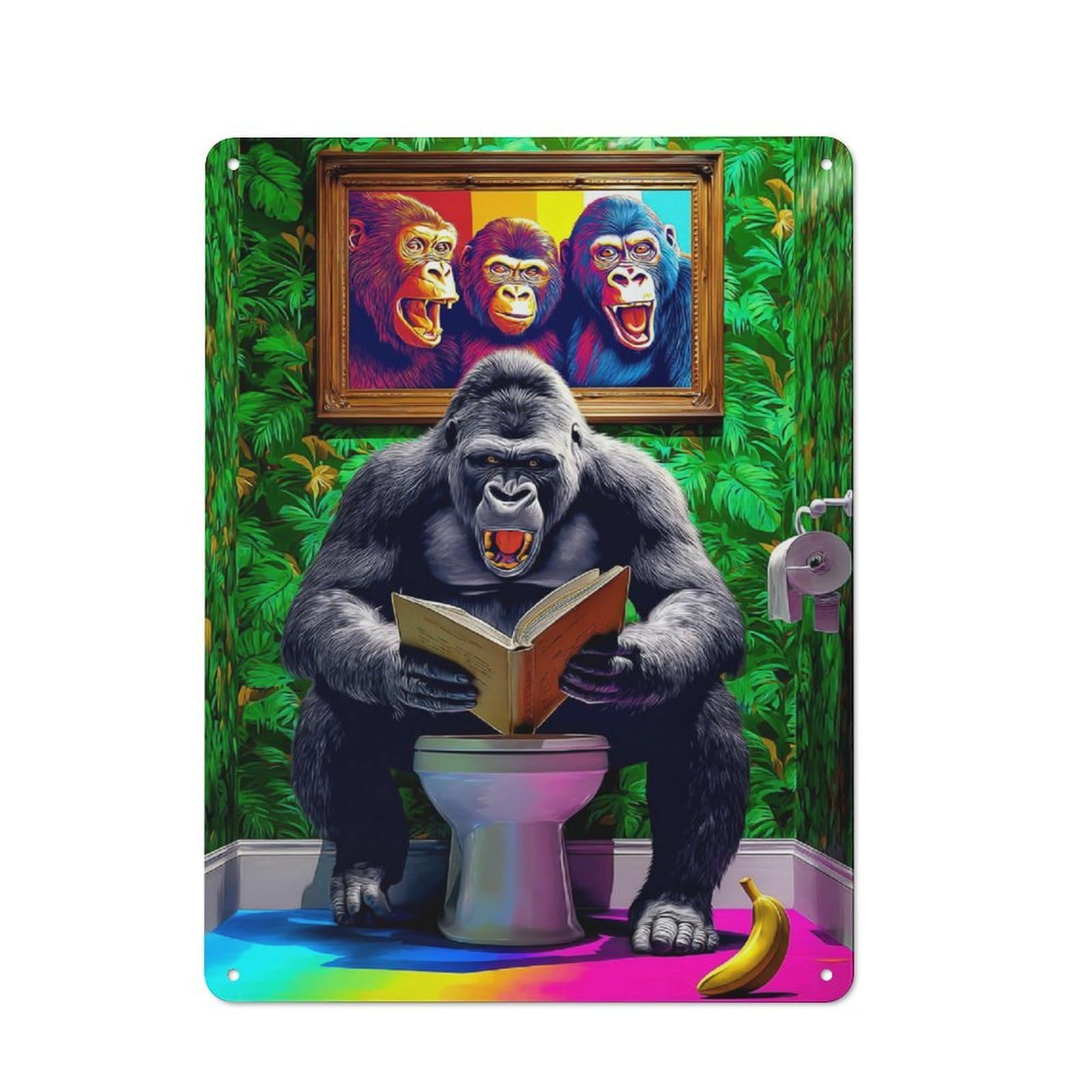 Junmoney Gorilla Reading In Colorful Bathroom -1 Modern Retro Metal Wall Decor 40X30cm, Metal Wall Sign For Loft, Studio, Office Or Creative Room