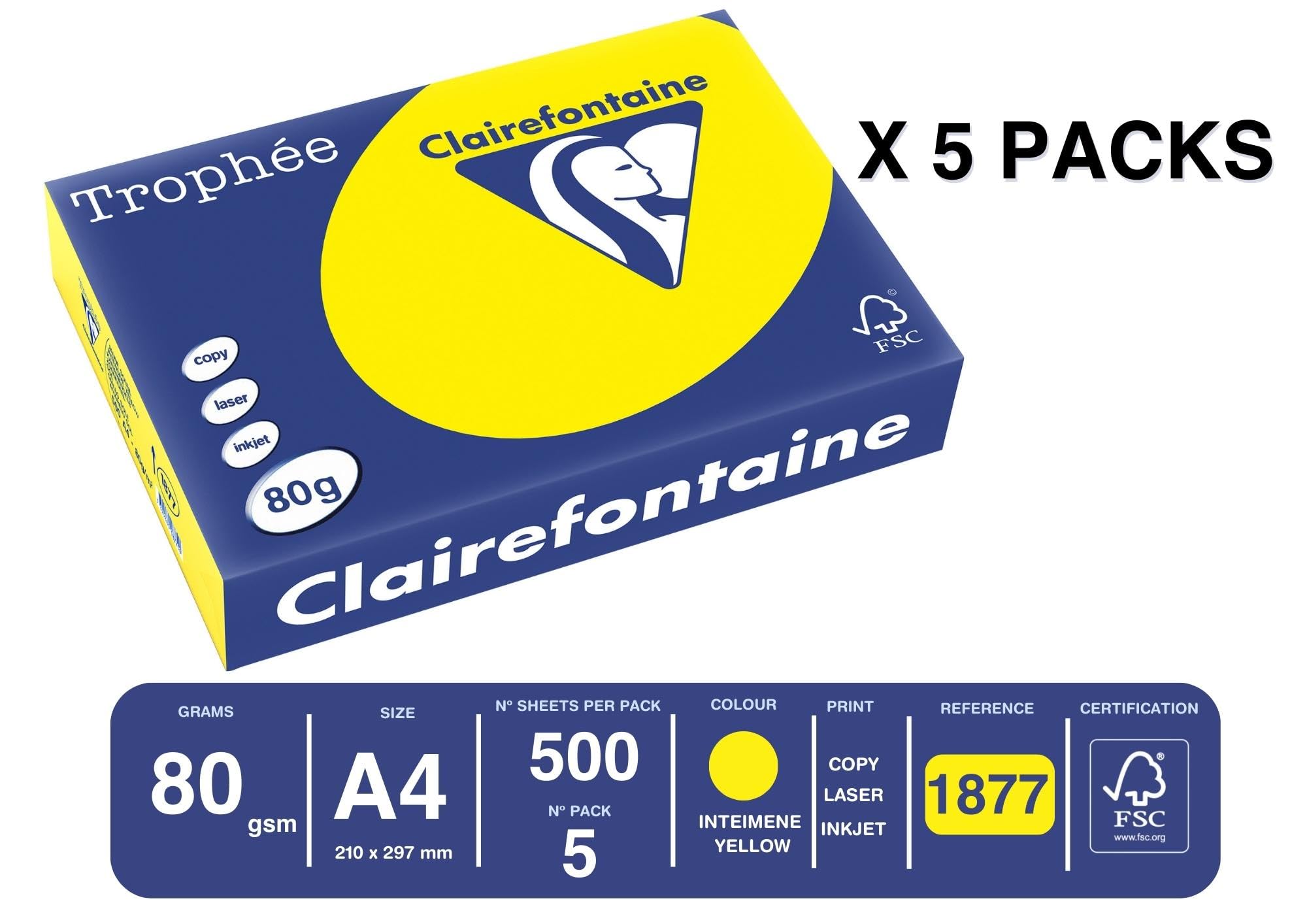 Clairefontaine Papier couleur A4 80 g/m² Trophée Jaune soleil 2500 feuilles